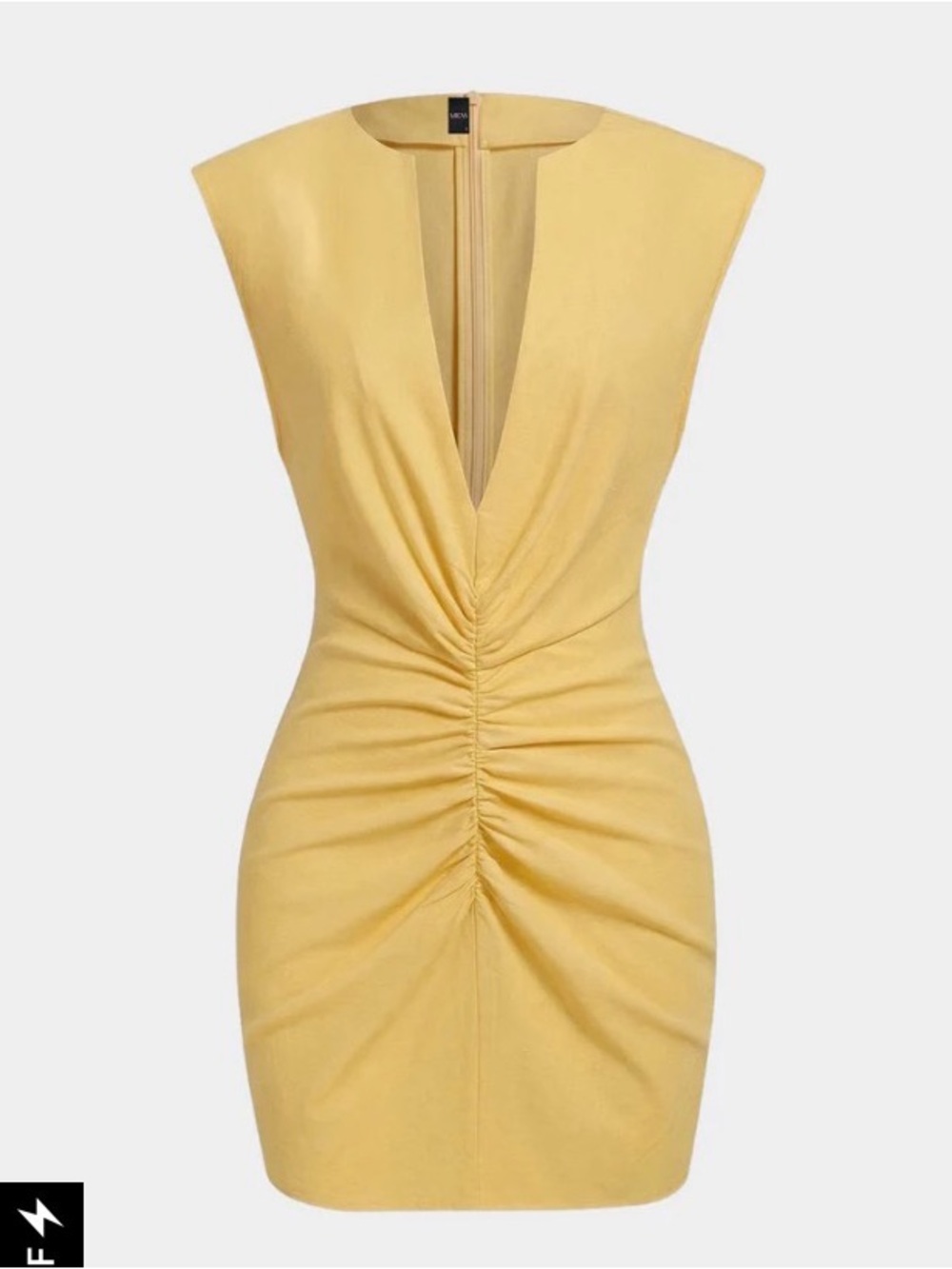 Sleeveless V-Neck Ruched Linen Mini Dress in Mustard Yellow